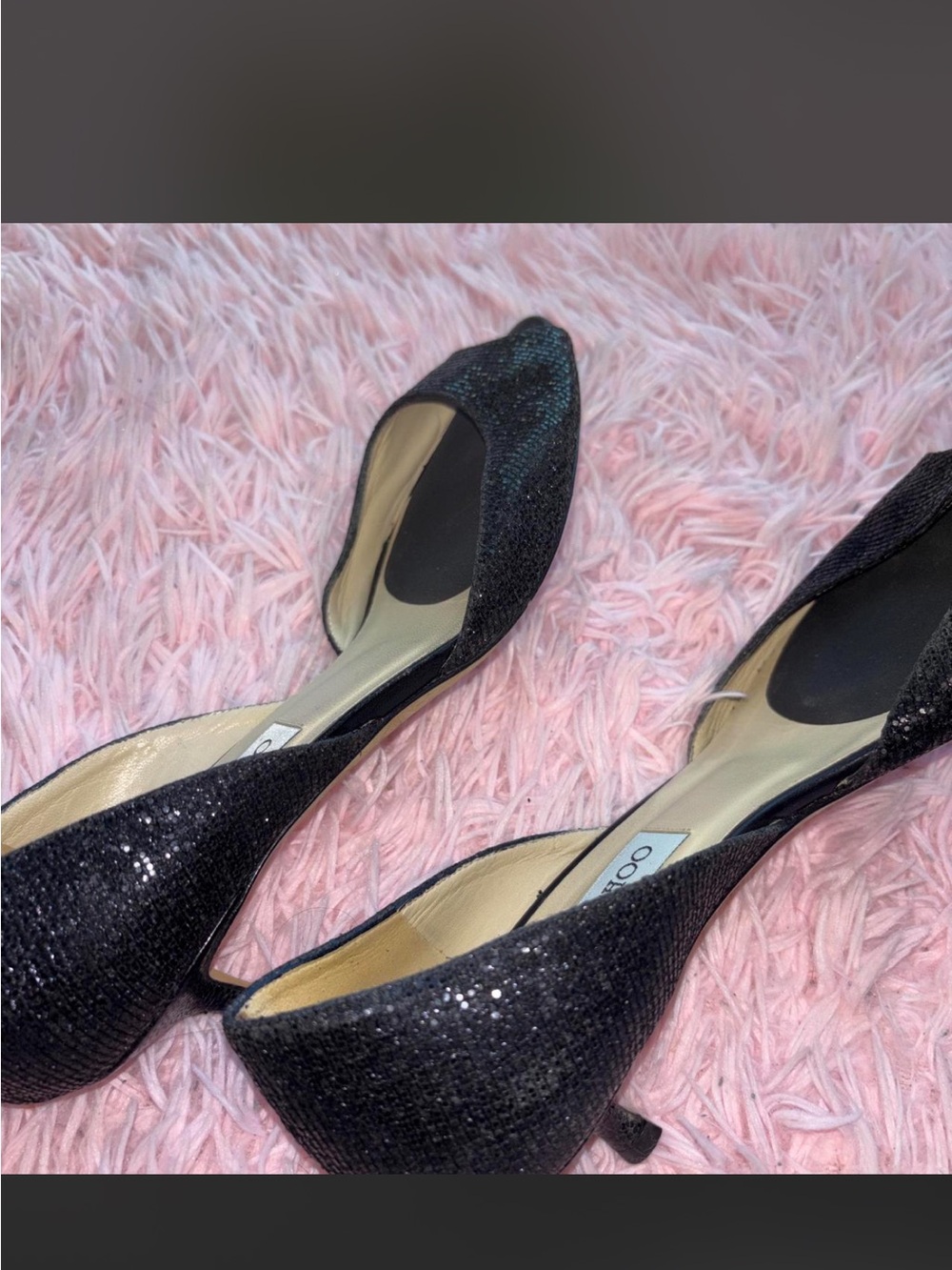 Authentic Jimmy Choo Black Glitter Peep-Toe D'Orsay Kitten Heels - 38.5 - Picture 5 of 5